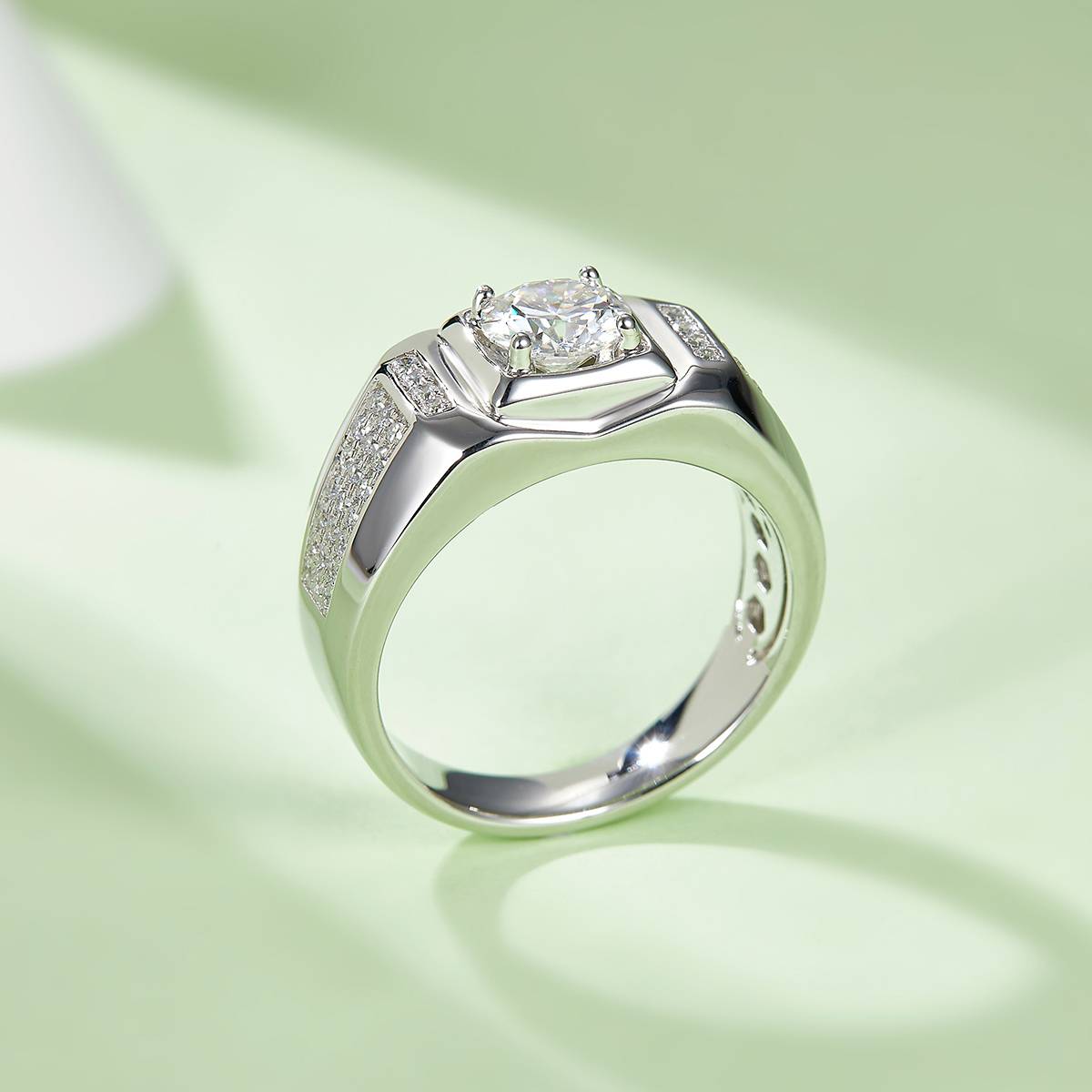 Wenze S925 Silver Plated Platinum Moissanite Diamond Men's Ring 1 Carat D-Class